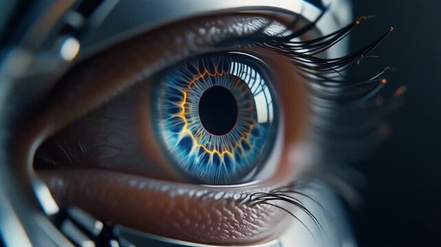 Extreme macro footage of a single original artificial intelligence eye with transparent optical lenses merging with human features