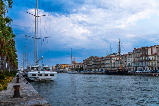 A sailboat, Quai de la R&eacute;publique, in S&egrave;te, H&eacute;rault, Occitanie, France.