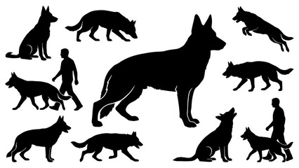 Obraz premium German Shepherd Working Dog Silhouette Bundle featuring 10 powerful K9, police dog, tracking, guarding, running and working poses in clean black vector style. Ideal for pet graphics, K9-themed designs
