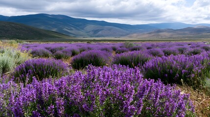 Obraz premium Vast field of purple sage flowers stretching toward distant rolling hills under a cloudy sky