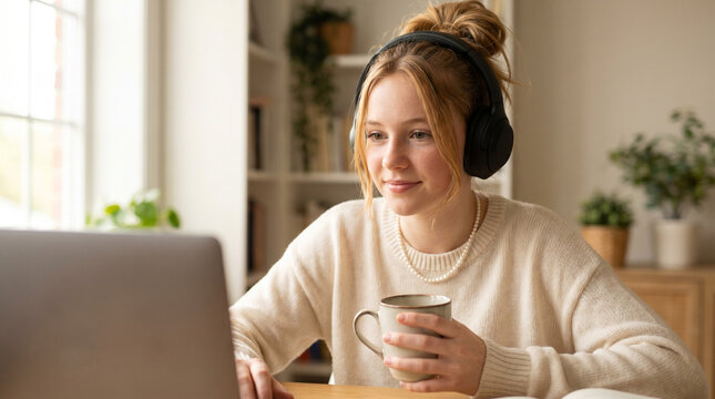 A European teenage girl listens to a lecture on headphones with a cup of coffee.