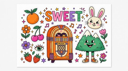 Naklejka premium Retro Sticker Set with Jukebox, Cartoon Mountain, Bunny, and Fruit Icons in 70s Vintage Style