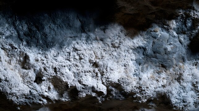 A textured mineral deposit covers a cave wall surface under soft lighting  showing natural roughness and color variation
