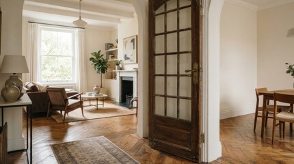 Obraz premium Modern living room interior with wooden arched door and herringbone floors