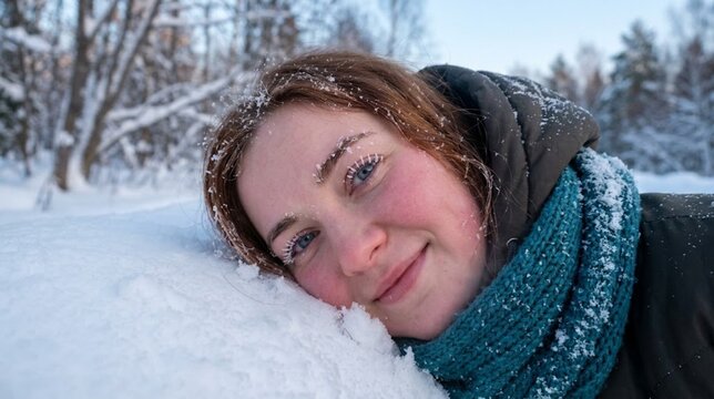 Smiling woman face resting on white snow with frozen eyelashes wearing teal scarf, capturing chilly winter weather, outdoor travel, and cold seasonal mood.