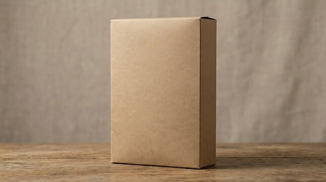 Blank cardboard box standing on a rustic wooden table. blank cereal box