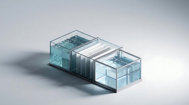 A conceptual 3d visualization of the desalinization process showing water filtration through semi-permeable membranes between two transparent chambers