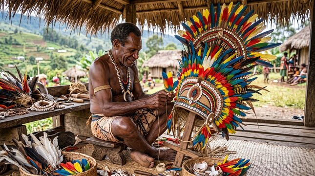 Papuan artisan meticulously crafting a colorful ceremonial feather headdress with shells inside a traditional wooden hut