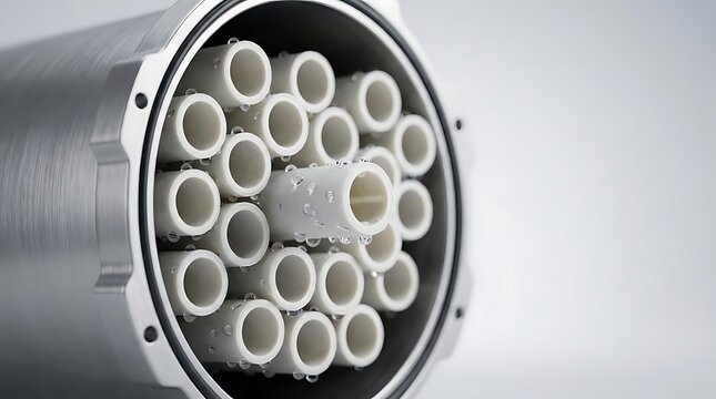 Desalinization technology represented by a close-up of a high-efficiency industrial filtration membrane module used in modern water treatment systems