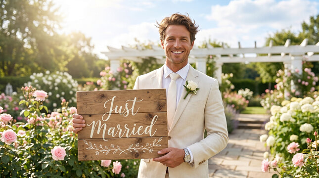 The groom is holding a "Just Married" sign. A concept capturing a joyful wedding celebration and the groom's playful persona. A handsome groom holds a wooden "Just Married" sign in a sun-drenched sett