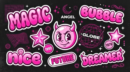 Obraz premium Retro Y2K Aesthetic Sticker Set with Pink Bubble Text, Stars, and Cyberpunk Elements on Dark Background