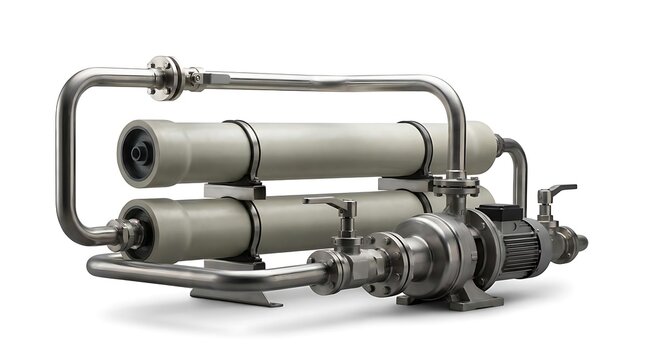 Industrial water desalinization system featuring stainless steel pump and membrane filtration tubes designed for high-efficiency liquid purification