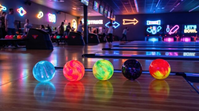Row of colorful glowing bowling balls on lane in neon lit bowling alley