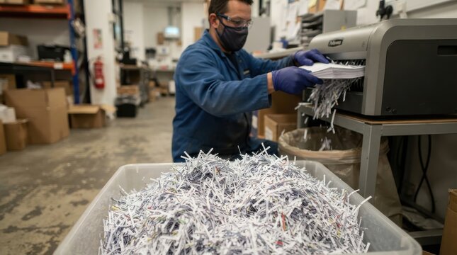 Man shredding documents in office warehouse