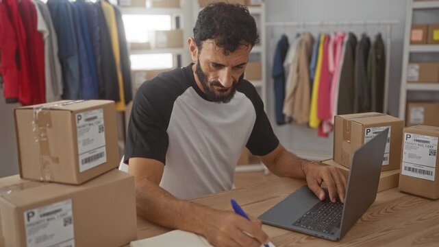 Man writing with pen by laptop and stacked shipping boxes, hand on keyboard while labeling parcels inside building; focus entrepreneurship.