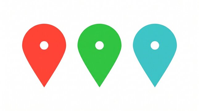 Three vibrant map pins in red, green, and blue for location marking and navigation design
