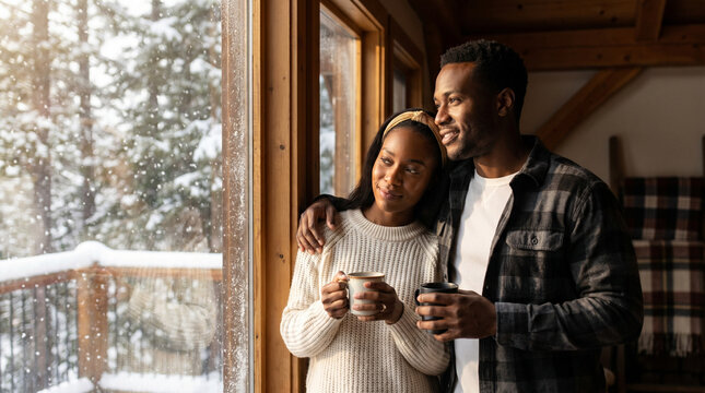 An African American couple in a mountain cabin. Side view: the couple stands by the window, looking out at the snow. A concept of a romantic winter getaway and serene love.