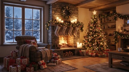 Obraz premium Cozy living room interior decorated for Christmas with fireplace and tree