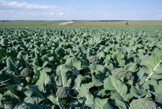 Lush green organic broccoli field with healthy florets under clear blue sky, aerial drone shot showcasing vibrant agricultural crop for healthy eating and farm-to-table concepts