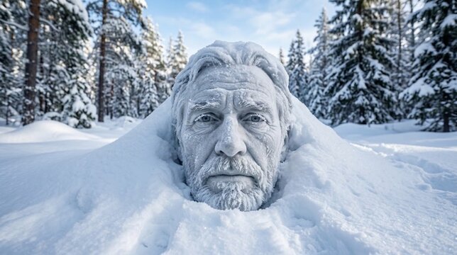 Frozen man face statue carved in deep white snow with frost crystals in winter forest, capturing icy blizzard weather, freeze, and cold seasonal mood.