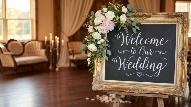 Vintage wedding signboard with romantic decor in a cozy venue