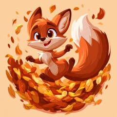 Naklejka premium A bouncy fox with big cheerful eyes plays in a pile of leaves on a sunny autumn day. The scene is filled with vivid russet colors.