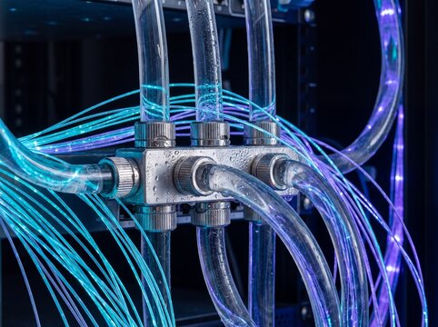 Macro Close-Up of Illuminated Fiber Optic Cables and Liquid Cooling System