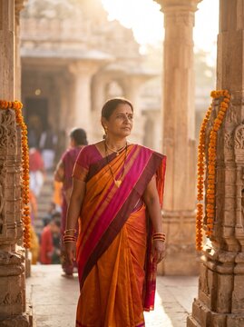 Serene Indian woman in traditional orange saree standing at a sunny ancient temple courtyard