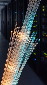 Glowing Fiber Optic Cables Close Up in Data Center