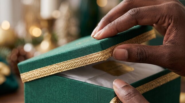 Black hands opening a luxurious green gift box with gold trim, festive background
