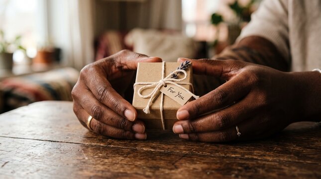 Diverse couple sharing joy and a gift in a cozy cafe setting, celebrating connection and thoughtful gestures