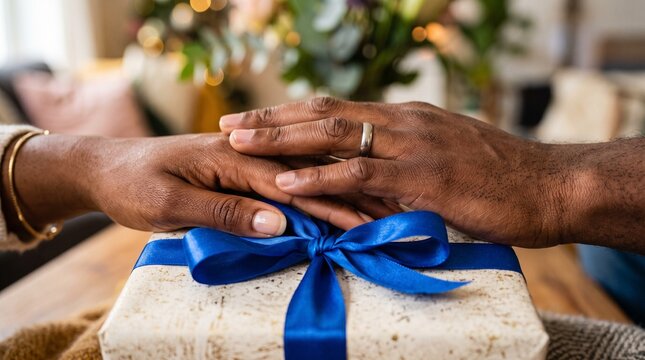 Diverse hands exchange a small gift, symbolizing inclusion and thoughtful gestures in a warm social setting