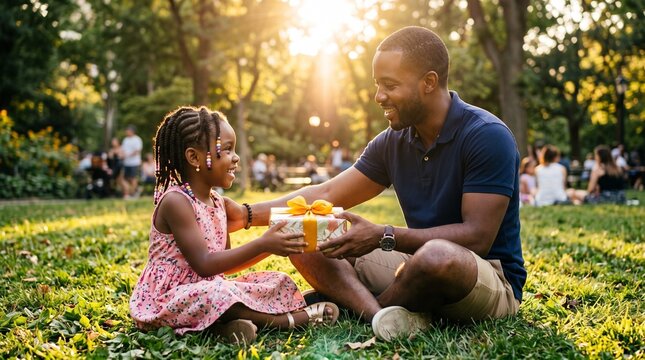 Father gives daughter a gift in a park during golden hour, celebrating family and thoughtful presents
