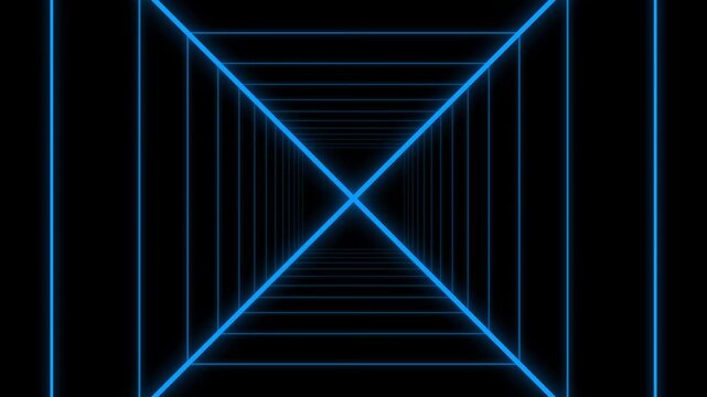 Abstract blue neon square tunnel expanding into infinity motion graphics loop.