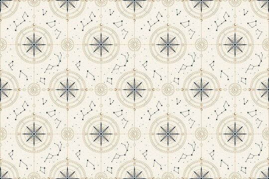 Seamless pattern with large compass roses, small star constellations, and moon phases on a light cream colored textured background
