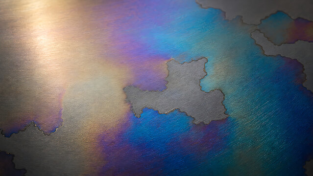 Close-up of iridescent oil slick patterns with rainbow colors on a brushed metallic surface, showing gold, purple, and blue hues.