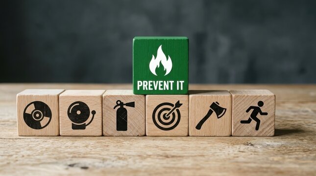 Wooden blocks with fire prevention and safety icons