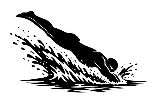 Swimmer diving into water making splash silhouette vector