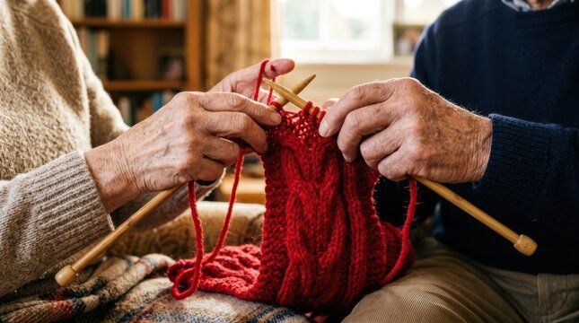 Close-up of elderly hands knitting a soft red wool sweater using wooden needles on a winter holiday evening.