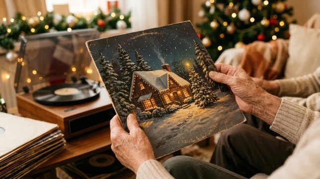 Senior hands holding a retro vinyl record sleeve with Christmas art near a vintage record player at home.