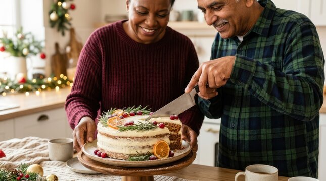 Elderly couple cutting a decorated Christmas cake topped with orange slices and berries in the kitchen.