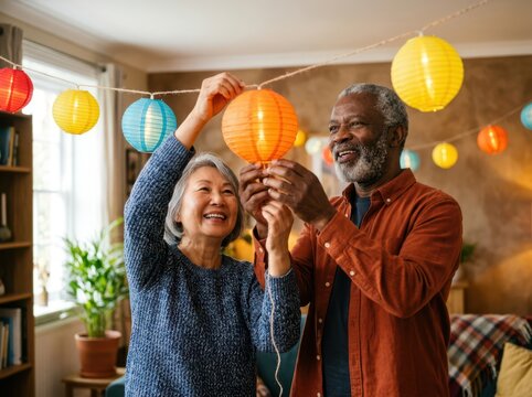Elderly man and woman hanging colorful glowing paper lanterns on a garland inside their living room for holidays.
