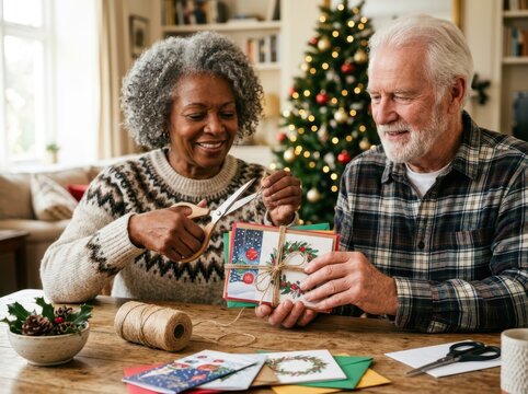 Senior couple using scissors to cut natural twine string while making handmade Christmas greeting cards at a table.