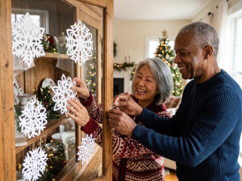 Senior couple applying white paper snowflake decorations to the glass doors of a wooden display cabinet.