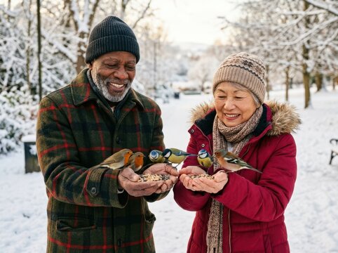 Elderly couple standing in a snowy park holding seeds in their hands while wild winter birds land to eat.
