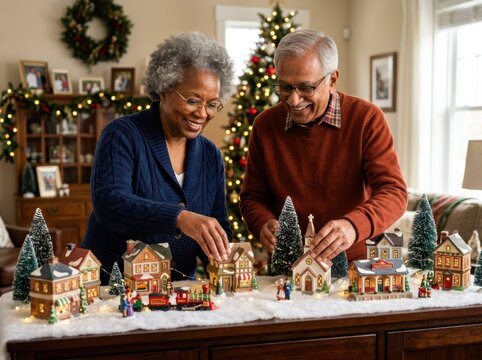 Senior couple setting up a miniature Christmas village with small houses and a toy train on a table at home.
