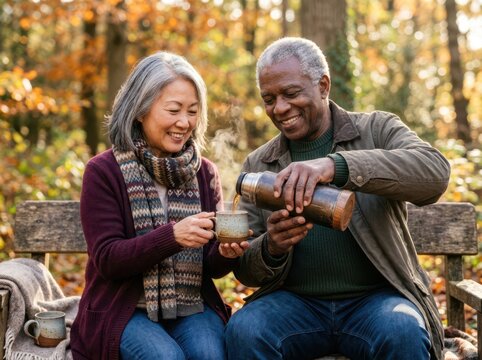 Senior man pouring hot tea from a thermos into a mug held by his wife while sitting on a bench in an autumn park.