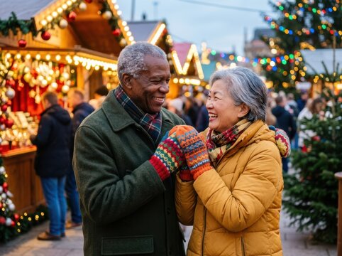 Smiling senior couple wearing warm gloves and holding hands while visiting a festive Christmas market outdoors.