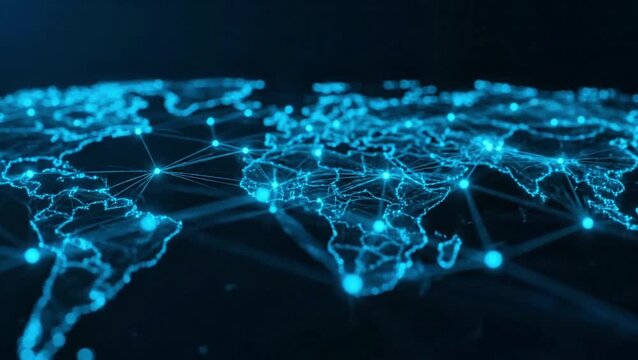 A glowing blue digital world map with interconnected nodes representing global network and data flow.