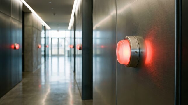 Glowing red emergency alarm light mounted on hallway wall